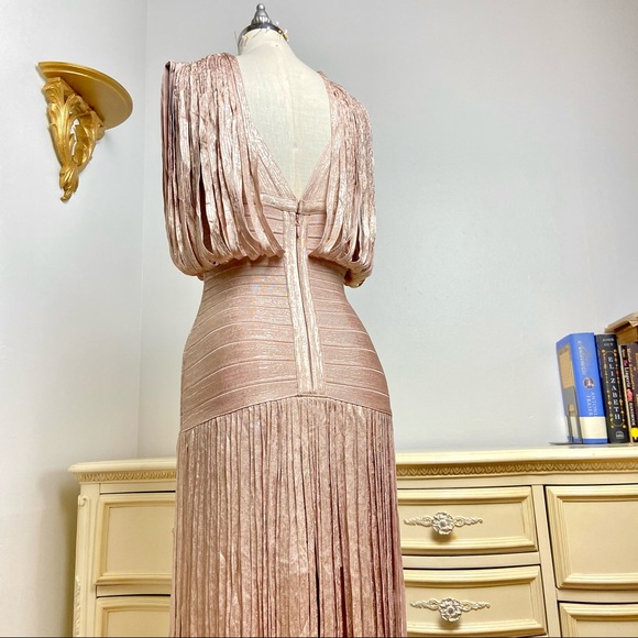 💔SOLD $2,350 Hervé Léger Selena Gold Fringe Gown - Picture 9 of 14